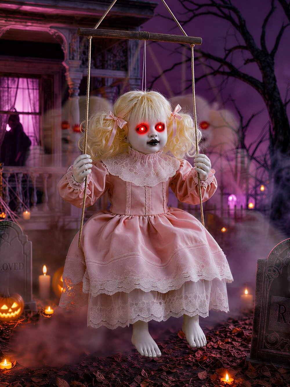 Halloween Animatronic Doll Decorations Outdoor, Animated Hanging Swinging Girl w